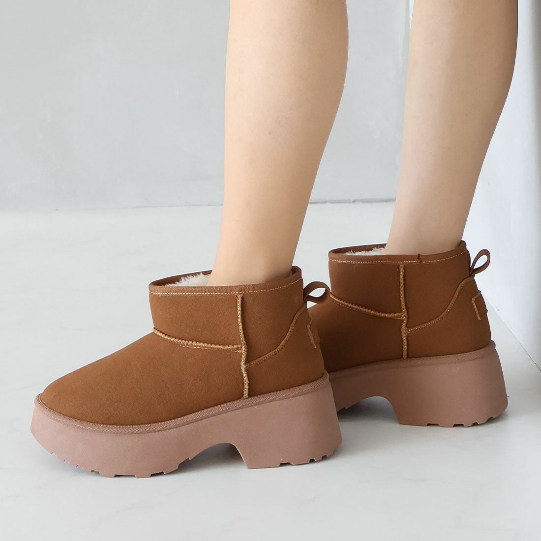 もふぽか厚底7cmチャンキーヒールムートンブーツ ｜靴・レディース