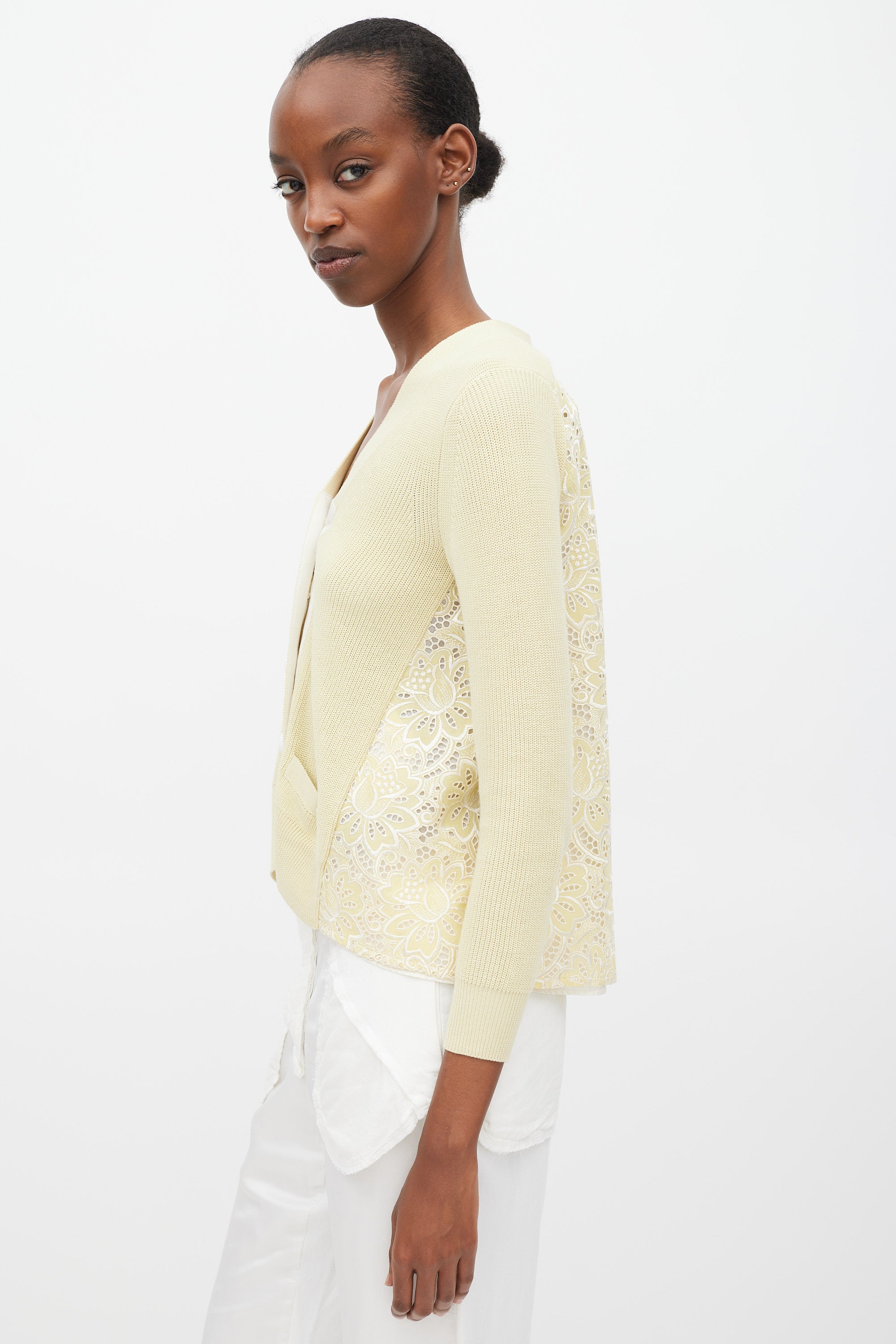 Sacai // Luck Yellow & White Cotton Floral Eyelet Cardigan – VSP