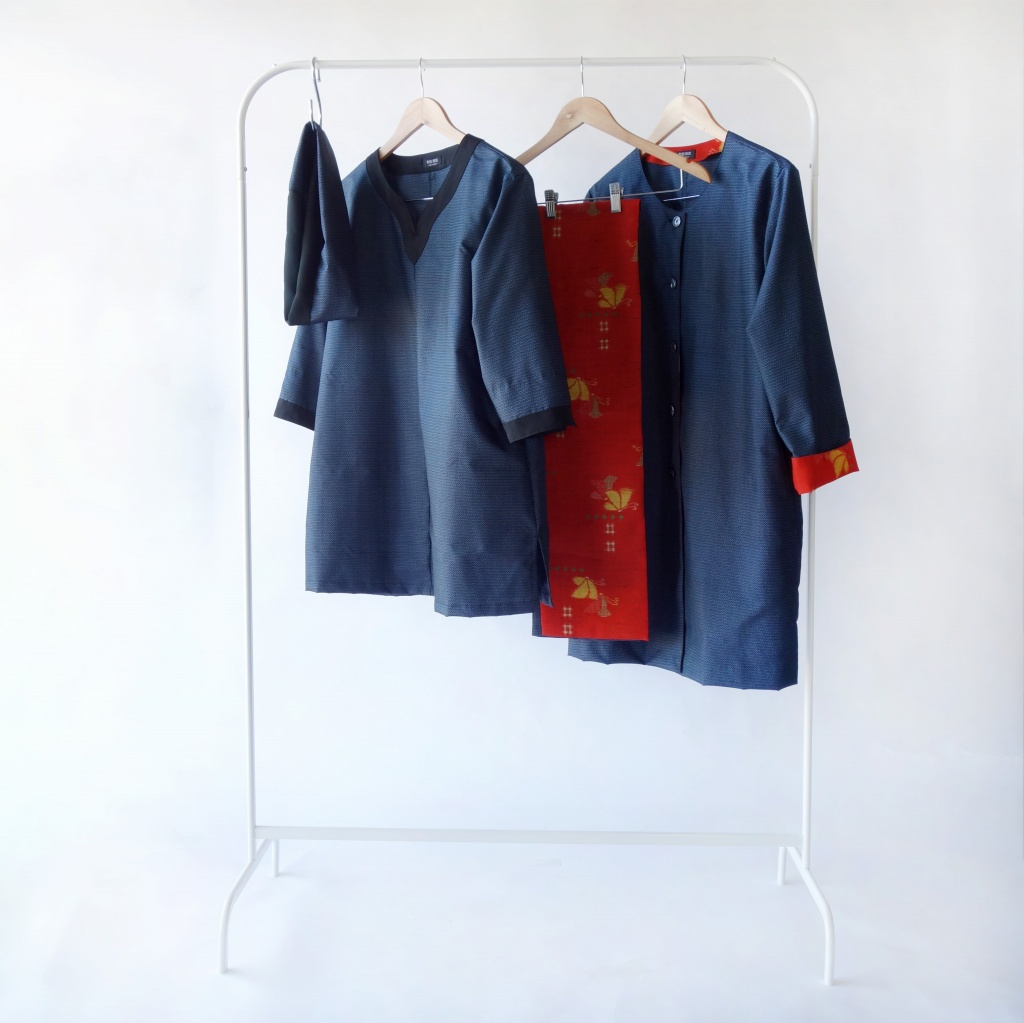 着物リメイク/大島紬反物と赤地ウール絣使用/コート＆チュニック
