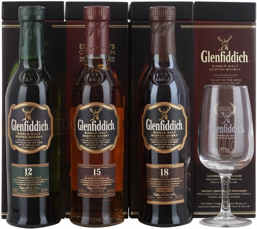 Whisky Glenfiddich, gift set with 3 bottles (12 YO, 15 YO, 18 YO