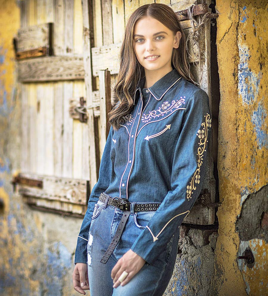 スカリー フローラル刺繍 ラインストーン ウエスタン シャツ（長袖