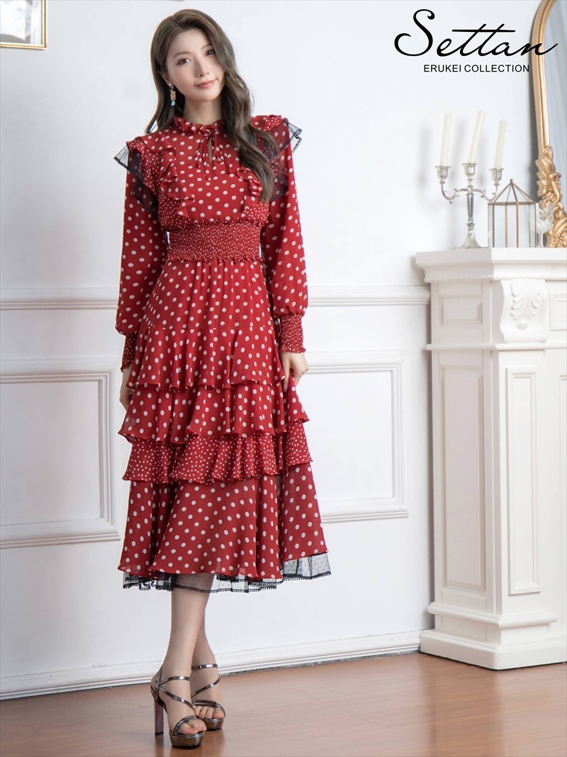 水玉ティアード長袖ミディアムドレス/MIRIN - カラードレス