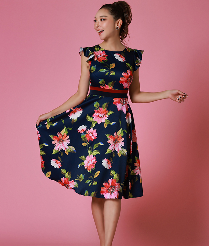 花柄Aラインミディアムドレス/山崎みどり - カラードレス