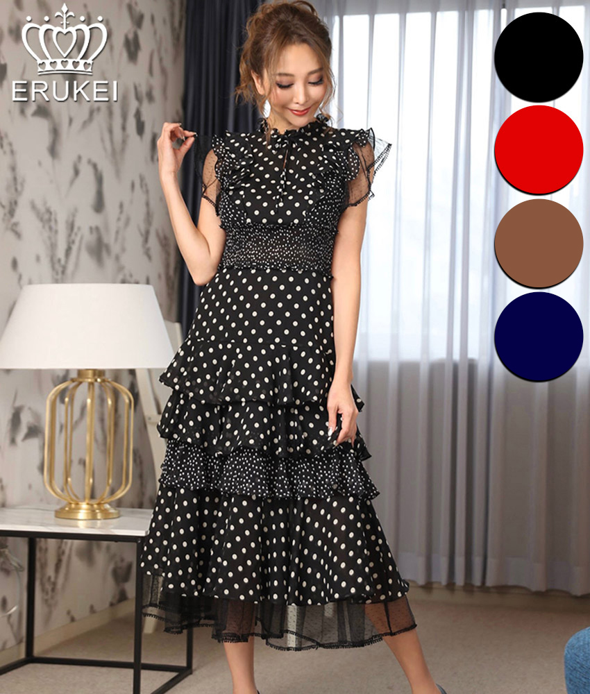 ドットティアードフリルマキシワンピミディアムワンピース/山崎みどり