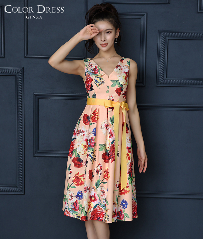 サーモンオレンジ花柄ノースリーブドレス/MIRIN - カラードレス