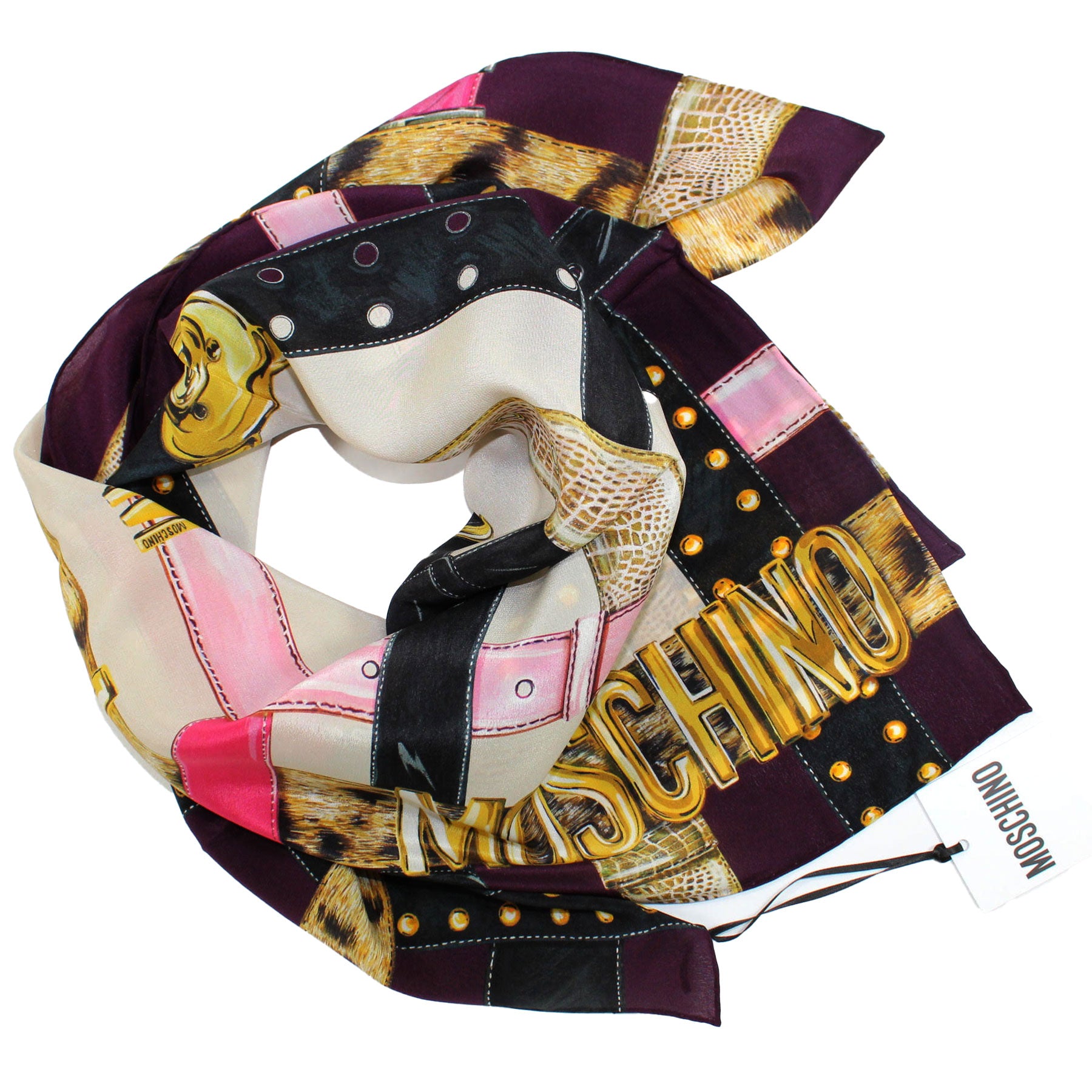 Moschino Scarf Pink Belt Logo Design - Large Square Silk Foulard