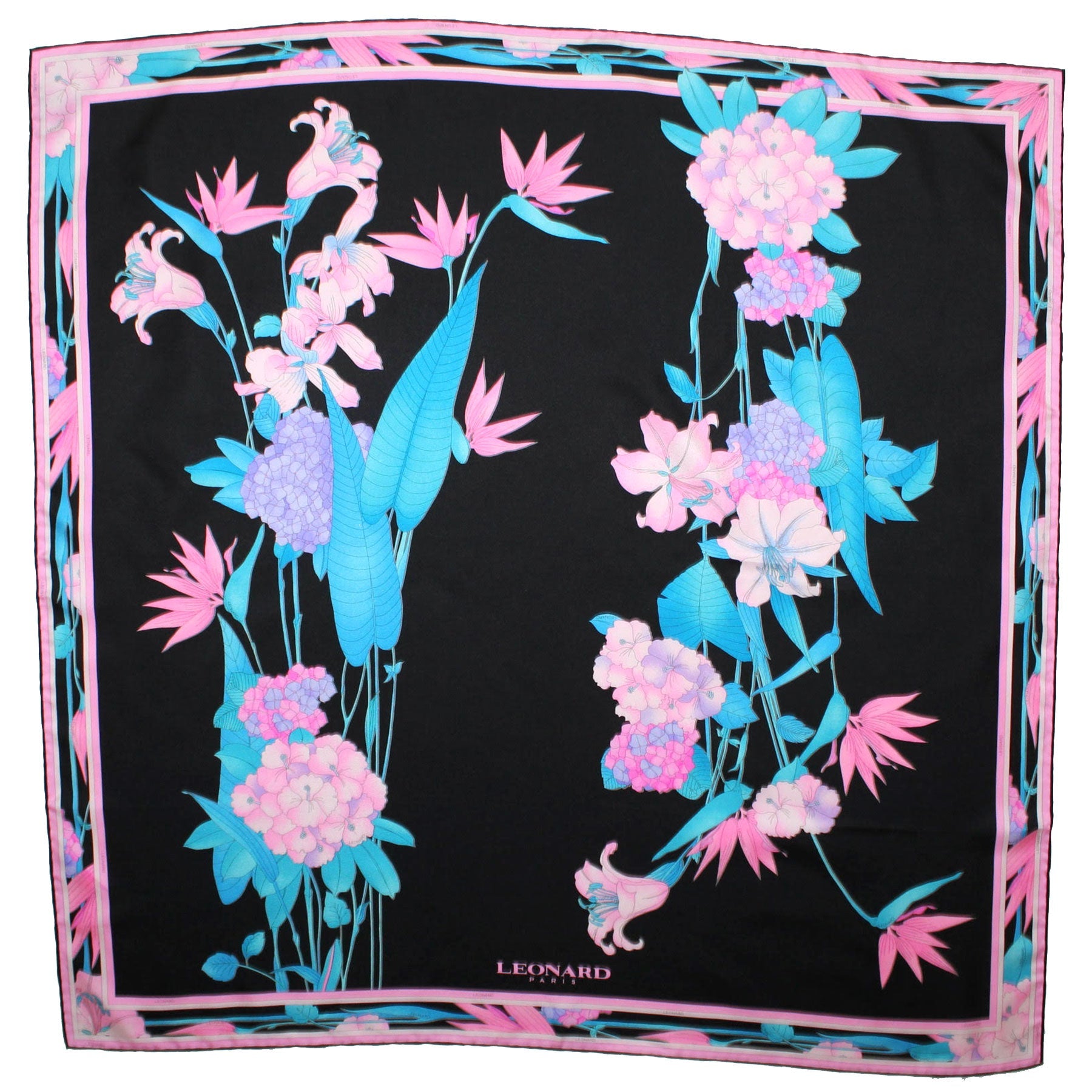 Leonard Scarf Black Pink Aqua Blue Floral - Large Square Twill