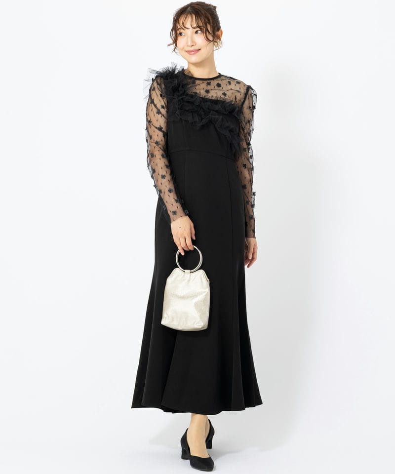 Leja レジャ フラワーモチーフアシンメトリーチュールマーメイドドレス