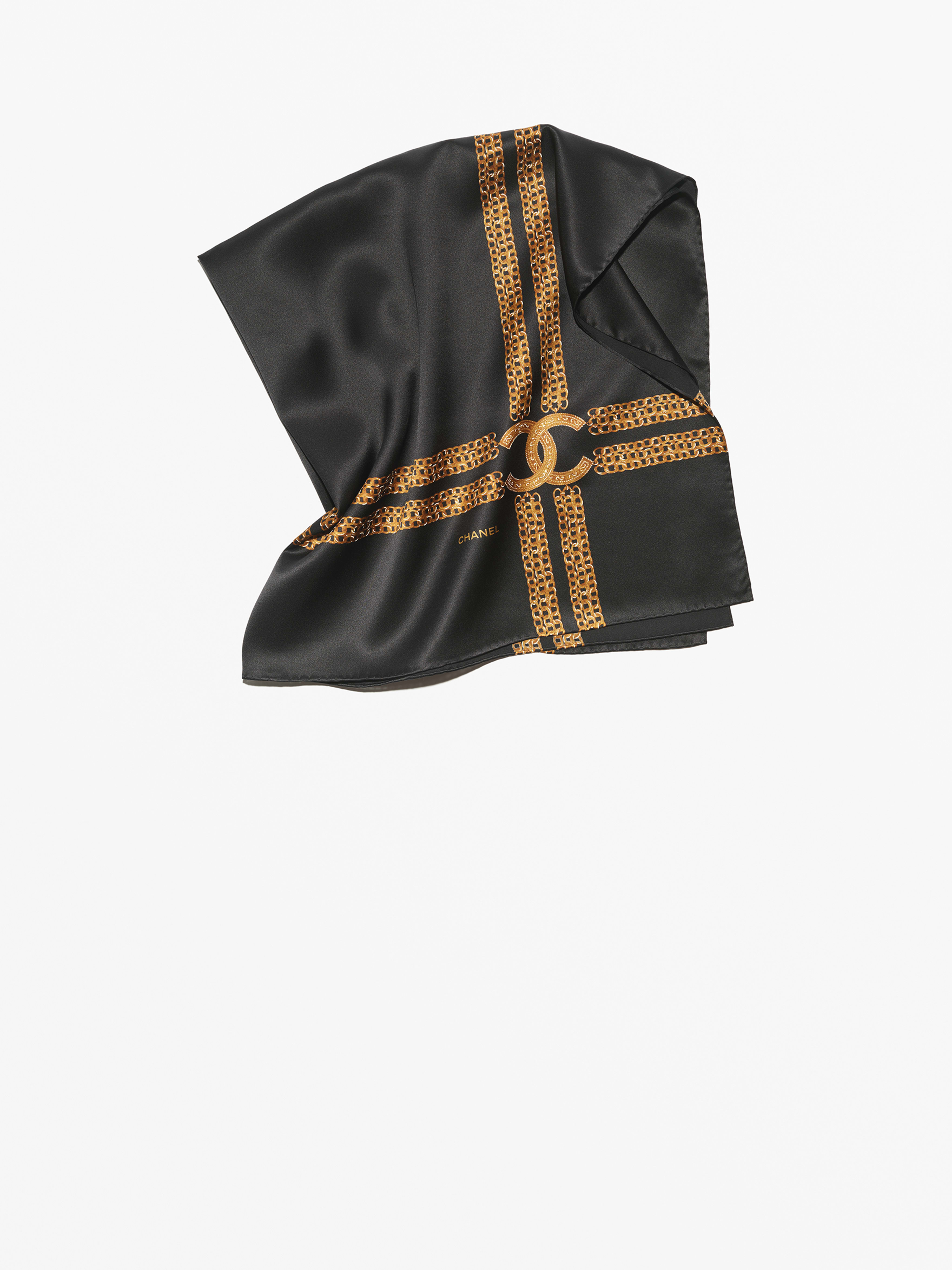 Square scarf - Silk satin, black & golden — Fashion | CHANEL