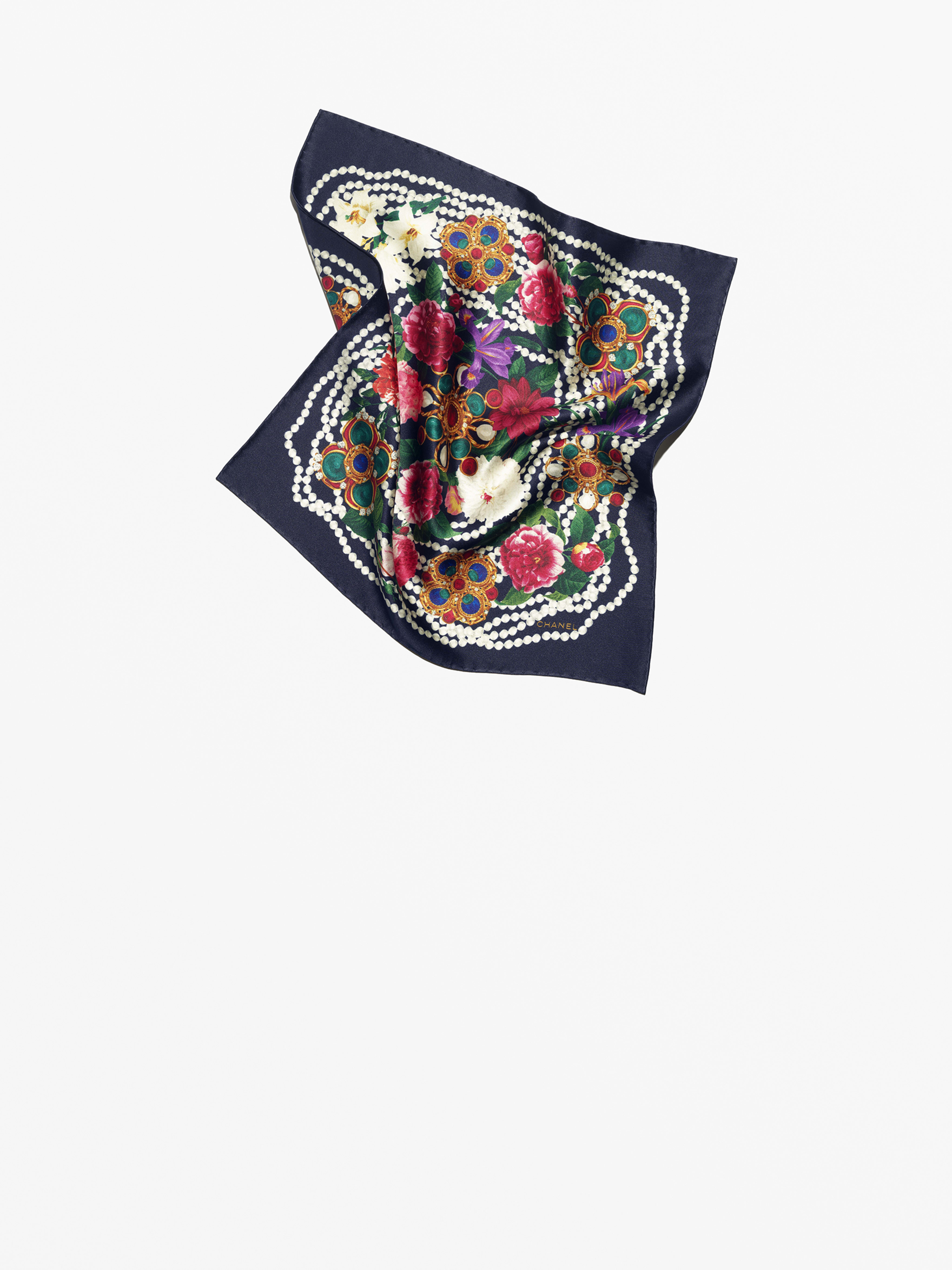 ミニ バンダナ - シルク サテン、ネイビーブルー、ホワイト & マルチ