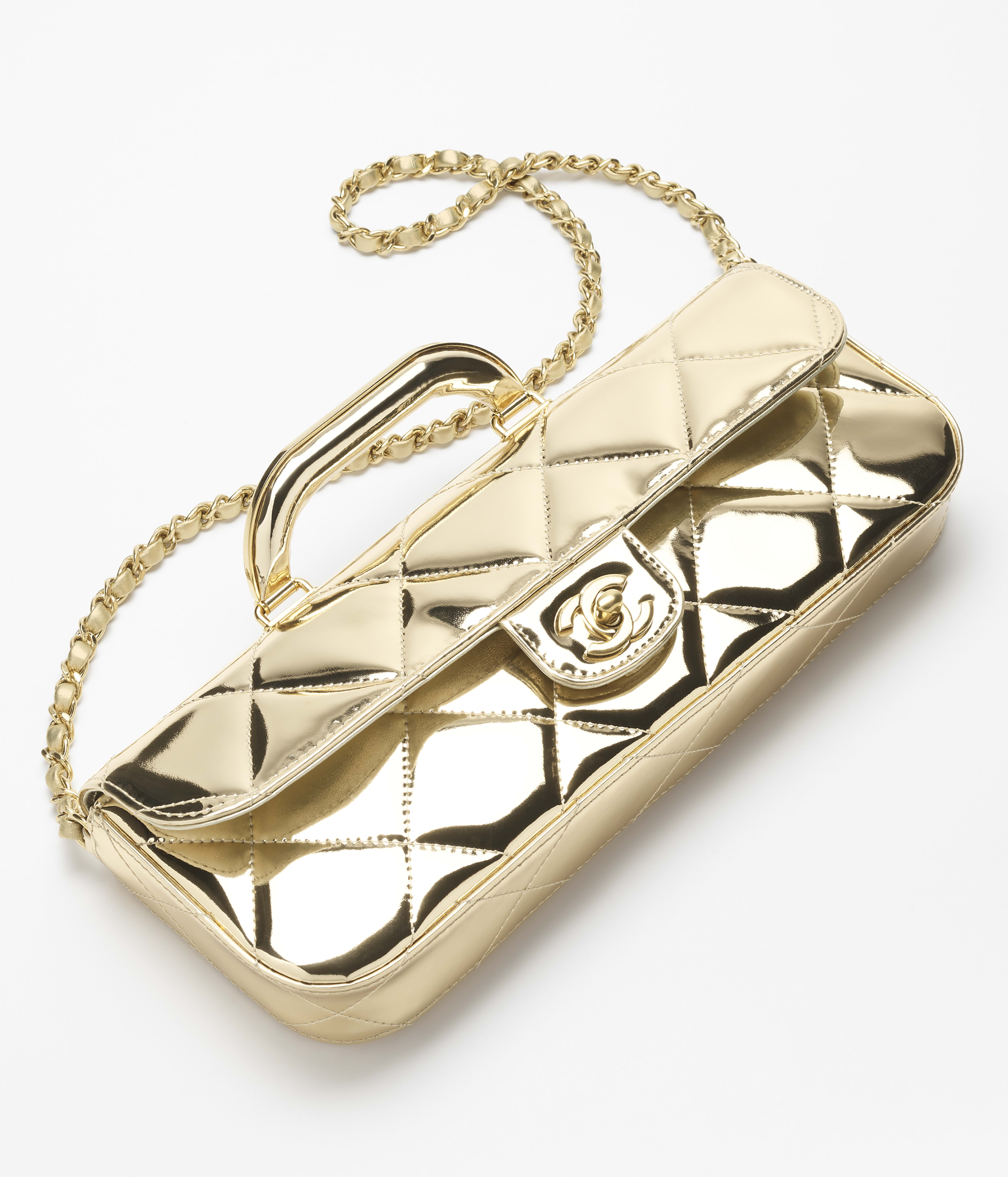 ラージ トップハンドル フラップ バッグ、メタリック ミラー カーフ