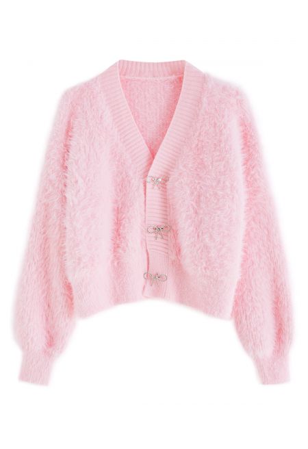 Bowknot Brooch Fuzzy Knit Cardigan in Pink - Boho Chic, Indie