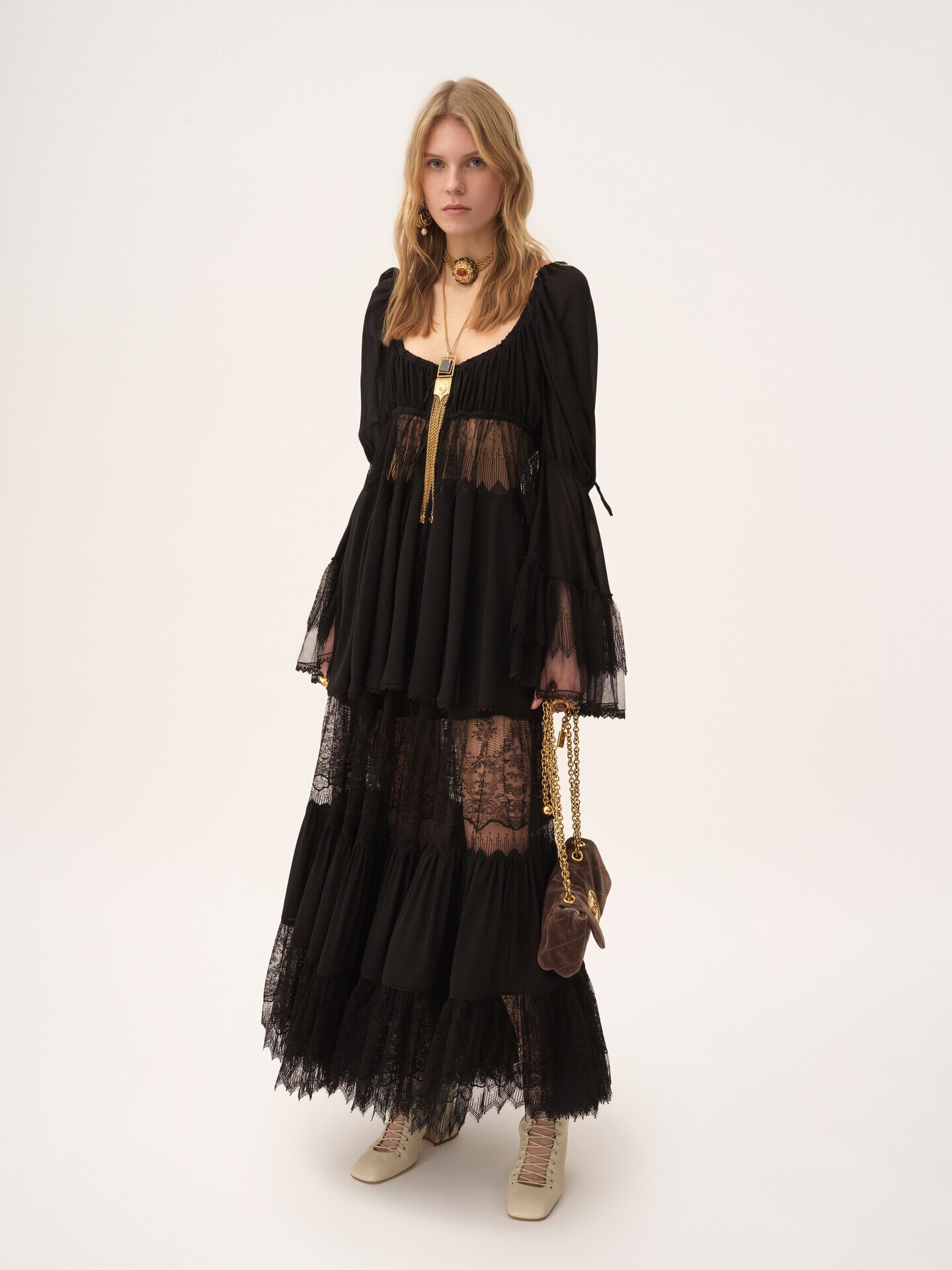 シルクジョーゼット＆レース製ティアード ロングスカート 黒 - Chloé