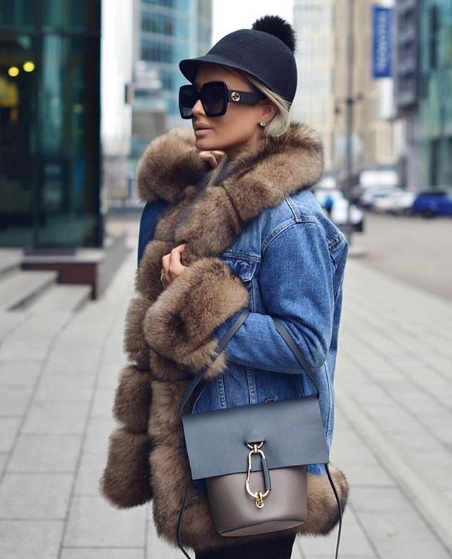 Real Fox Fur Collar& Trim Denim Short Jacket デニムジーンズ