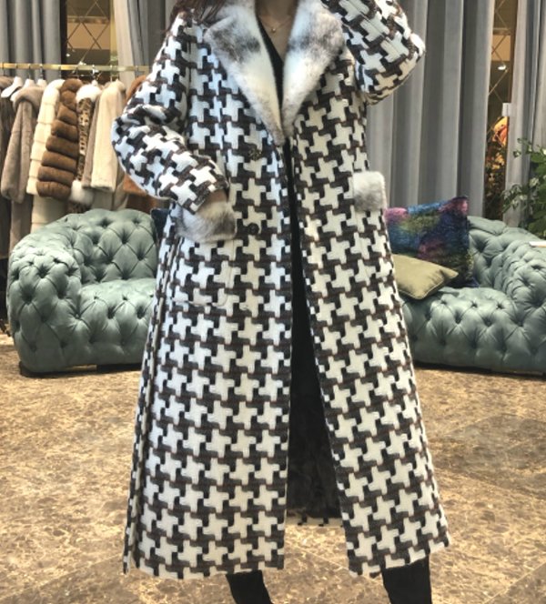 Women Houndstooth double breasted coat with mink cuff リアルミンク