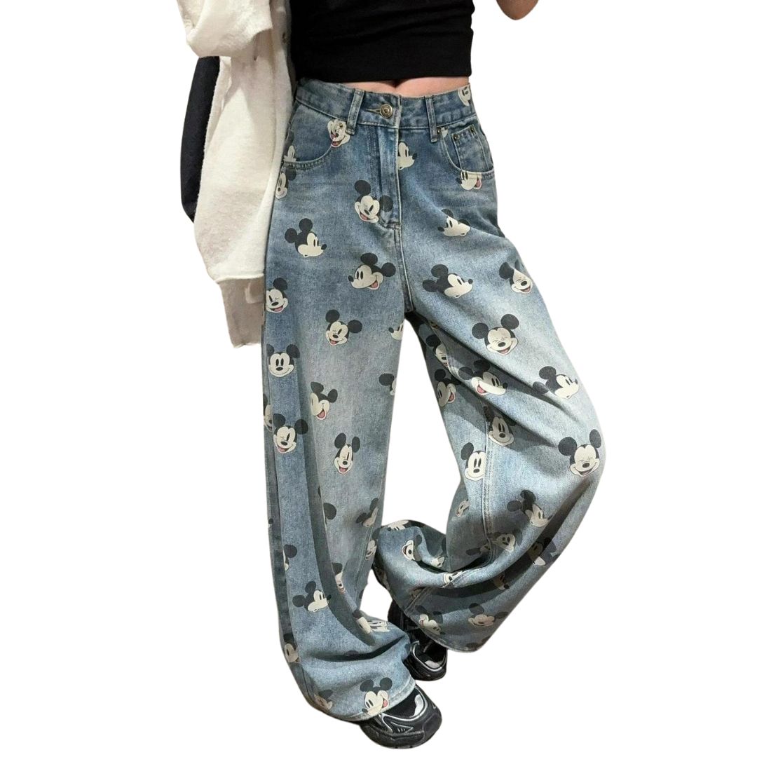 Unisex Mickey Graffiti Pint Denim Pants loose straight wide leg