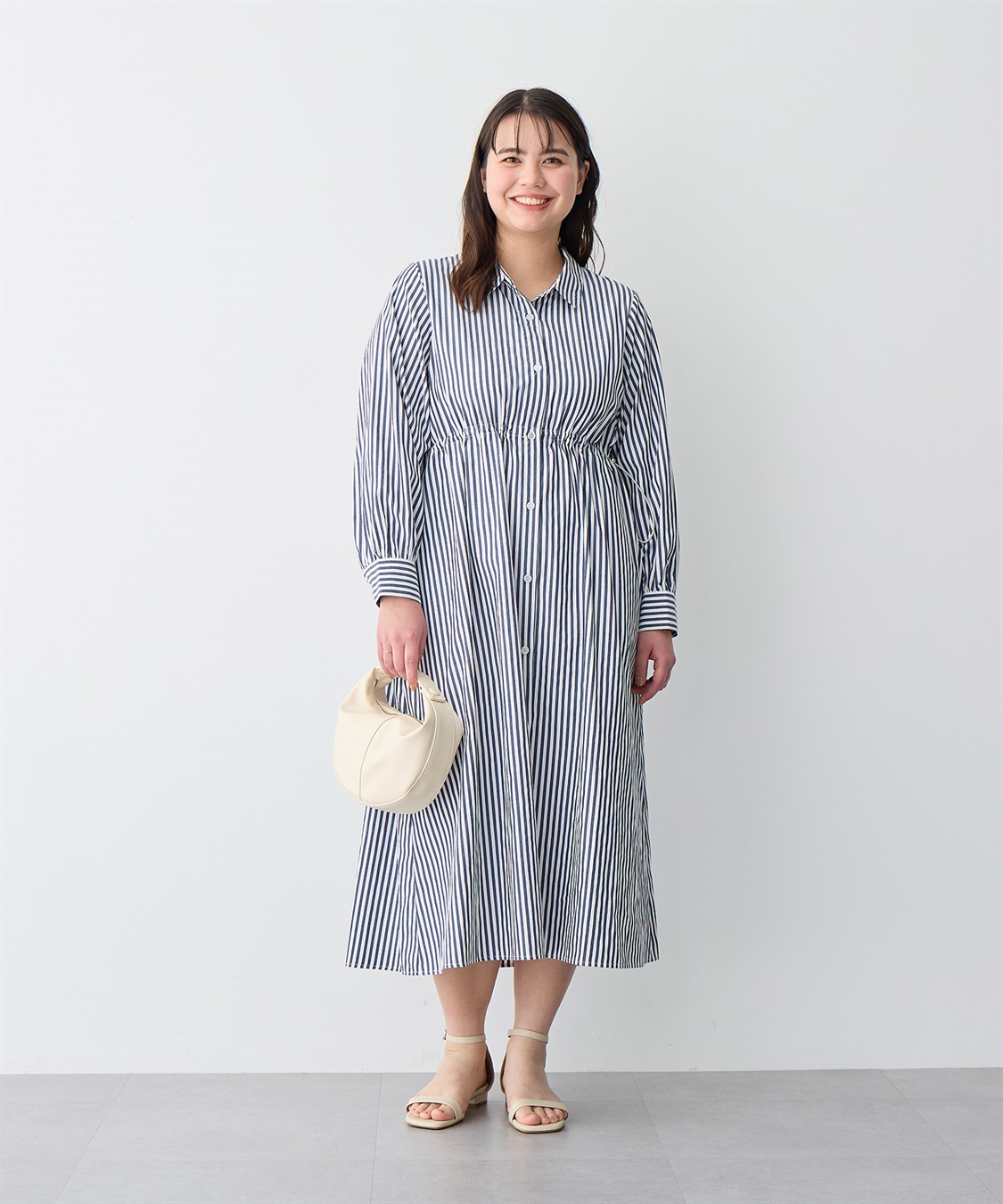 anyfee/プラスサイズ】ストライプ柄ドロストシャツワンピース Life
