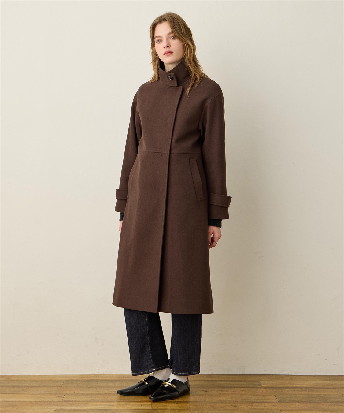フェイクウールスタンドカラーロングコート LE SOUK HOLIDAY｜クロス