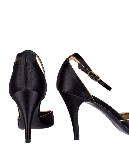 Chanel Vintage Black Satin & Bronze Leather Toe Cap D'Orsay Heels