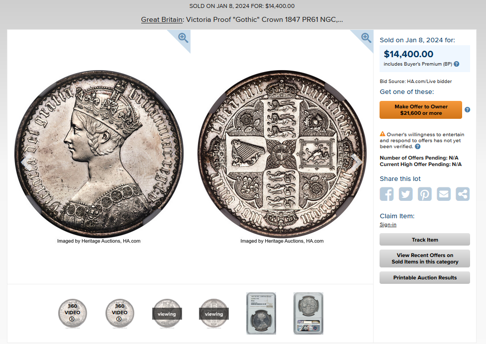 1847年 ヴィクトリア女王 ゴチッククラウン銀貨 アンデシモ【PF62