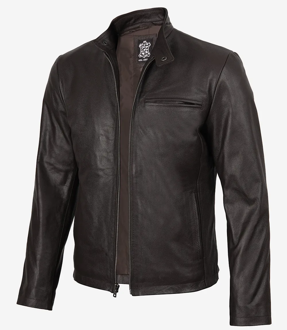 Mens Dark Brown Cowhide Leather Cafe Racer Motorcycle Jacket