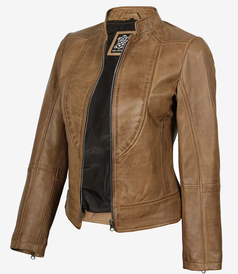 Women Camel Brown Cafe Racer Leather Jacket | 100% Real Leather