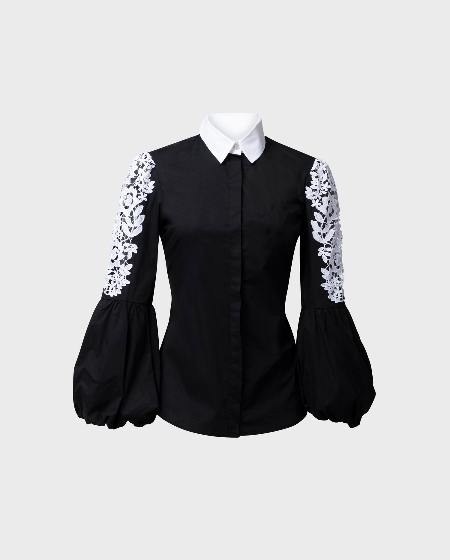 LAORA Black & White Long Sleeve Poplin Shirt With Balloon Sleeves