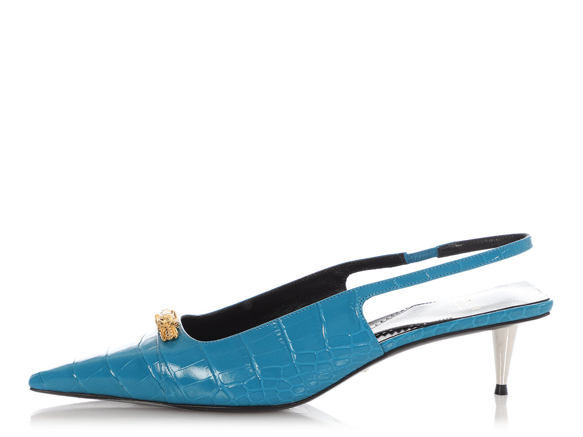 Gucci Blue Croc-Embossed Calfskin Square Slingback Pumps