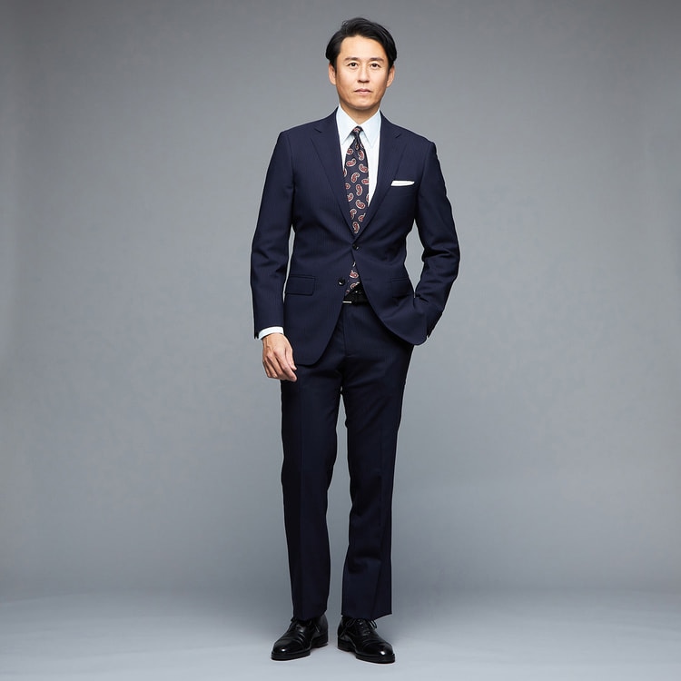 特価】【WEB限定価格】アスレチックウール スーツ 紺ストライプ