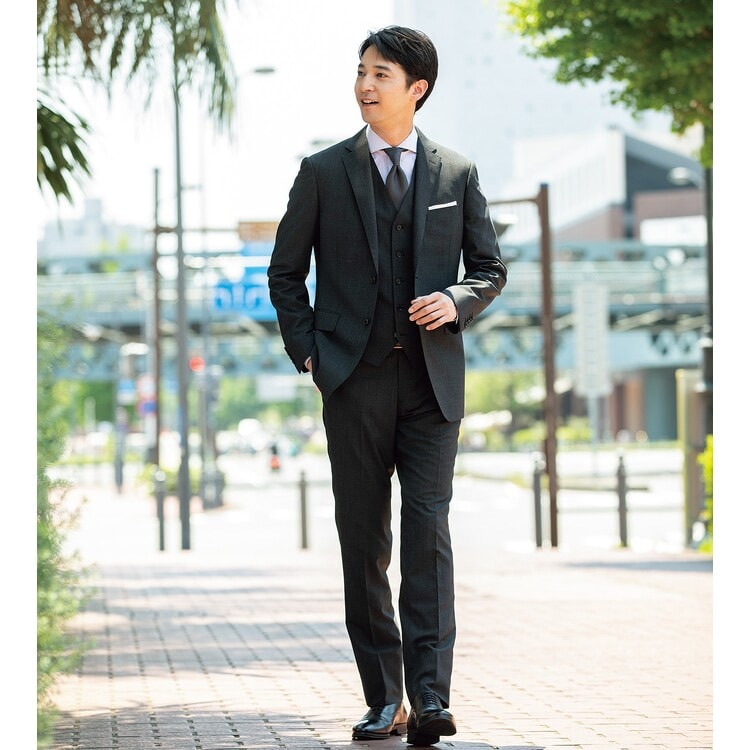 ストレッチ 洗える ウールブレンド スリーピーススーツ グレー 無地調