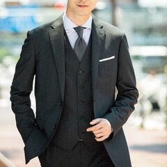 ストレッチ 洗える ウールブレンド スリーピーススーツ グレー 無地調