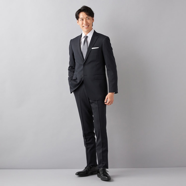 洗える ストレッチ 2パンツスーツ 紺ストライプ LES MUES ブリティッシ