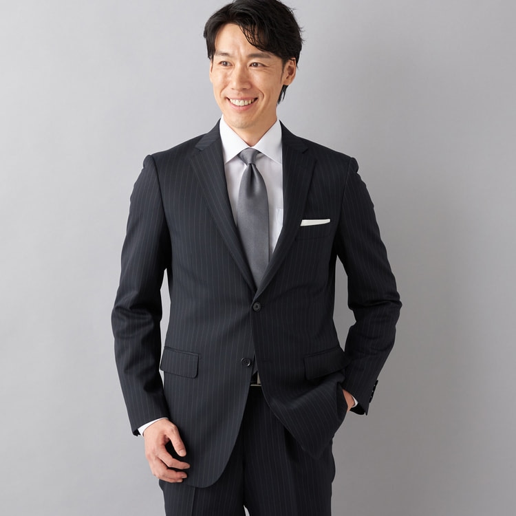 洗える ストレッチ 2パンツスーツ 紺ストライプ LES MUES ブリティッシ