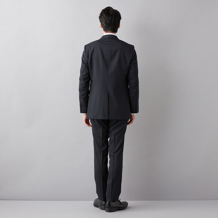 洗える ストレッチ 2パンツスーツ 紺ストライプ LES MUES ブリティッシ