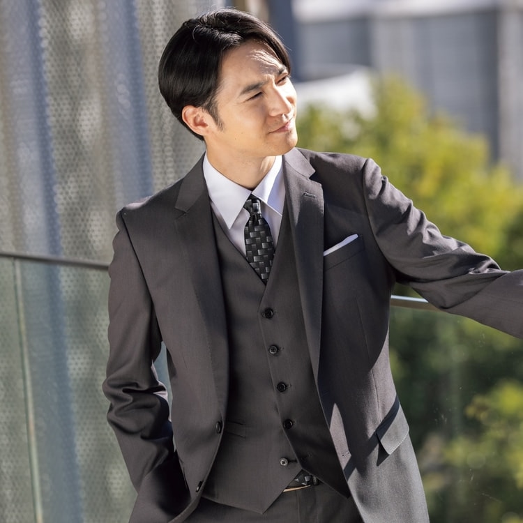 上質ストレッチスーツ ミディアムグレー織柄無地 MAJI スリム 別売