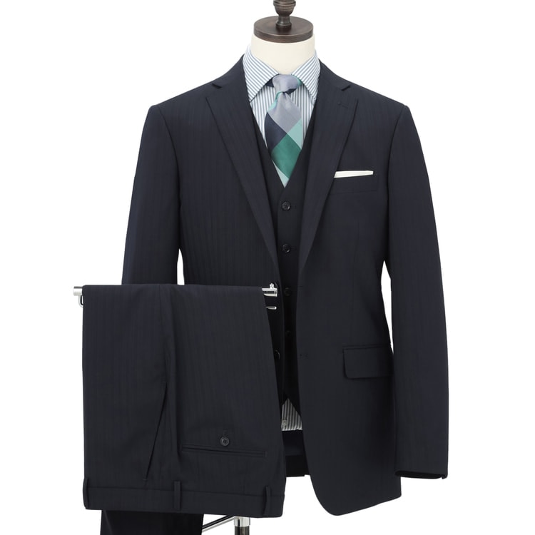 洗える ストレッチ スリーピーススーツ 紺シャドーストライプ LES MUES