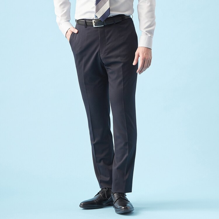 QOS】洗える 紺無地 ノータックパンツ LES MUES セットアップ着用可