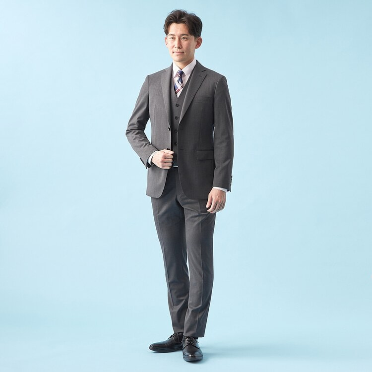 QOS】洗える ミディアムグレー無地 ノータックパンツ LES MUES セッ