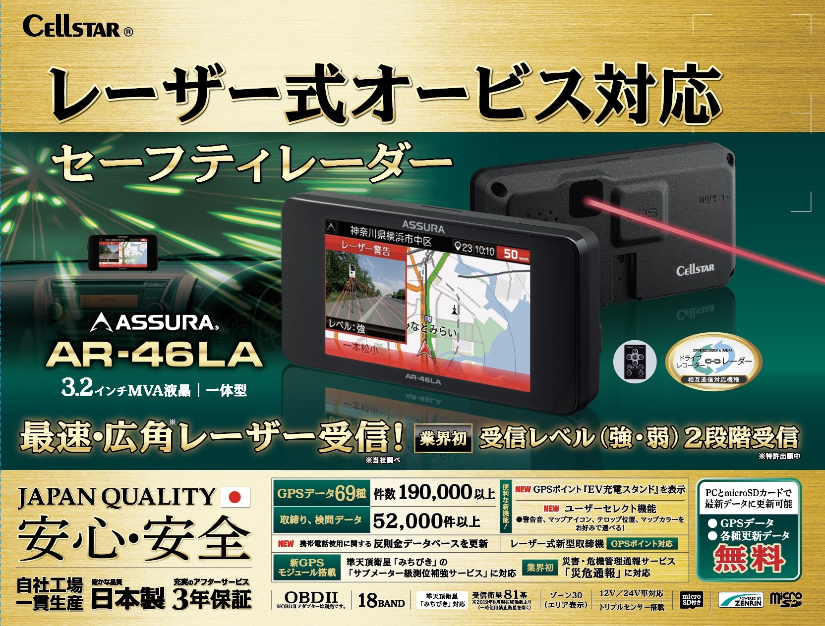 レーザー式オービス対応の一体型セーフティレーダー「AR-46LA」を