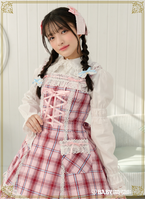 裾スカラップタータンチェックジャンパースカート＆リボンコームセット