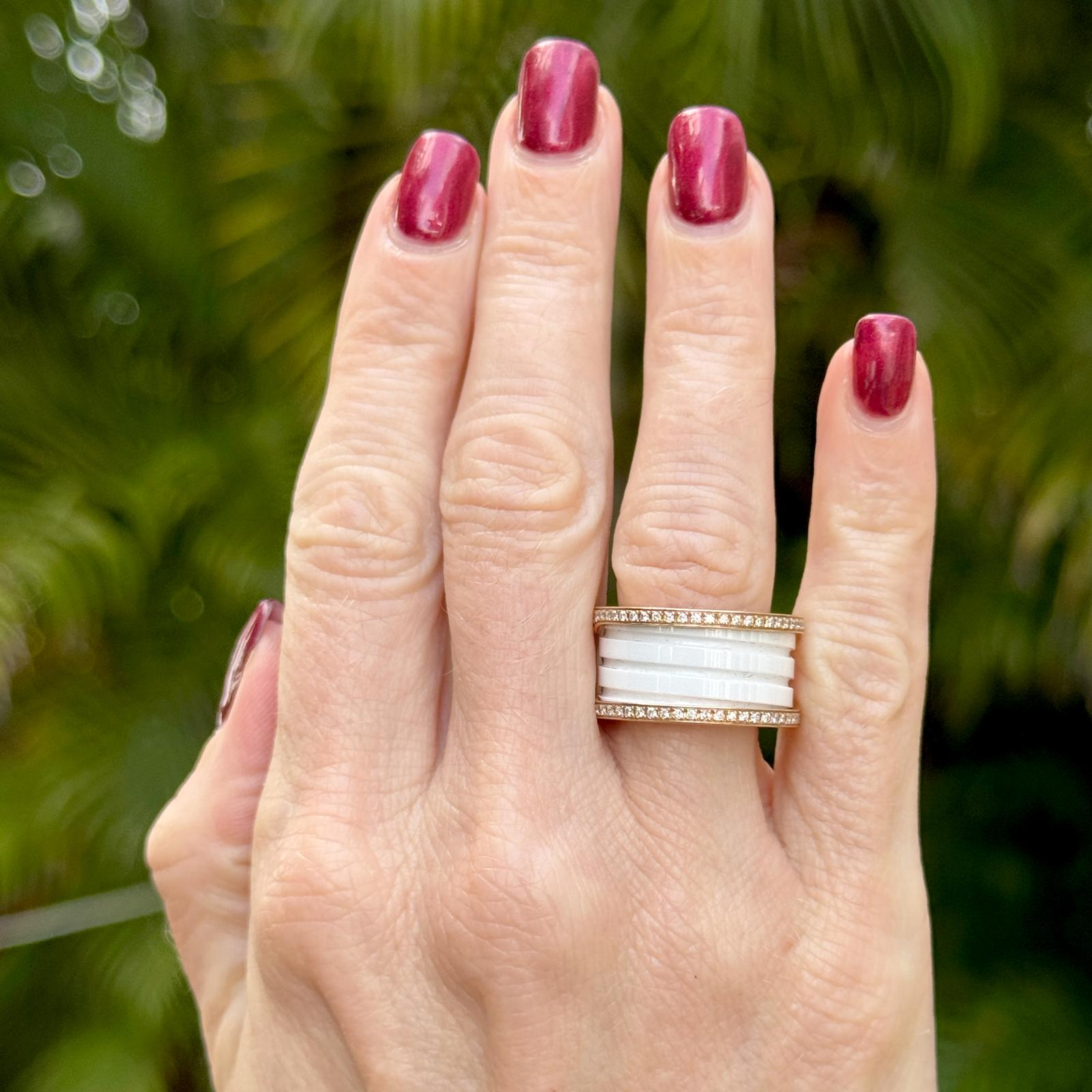 Bvlgari B.Zero1 Diamond White Ceramic 18KRG Band Ring B&P's Size 54 (U