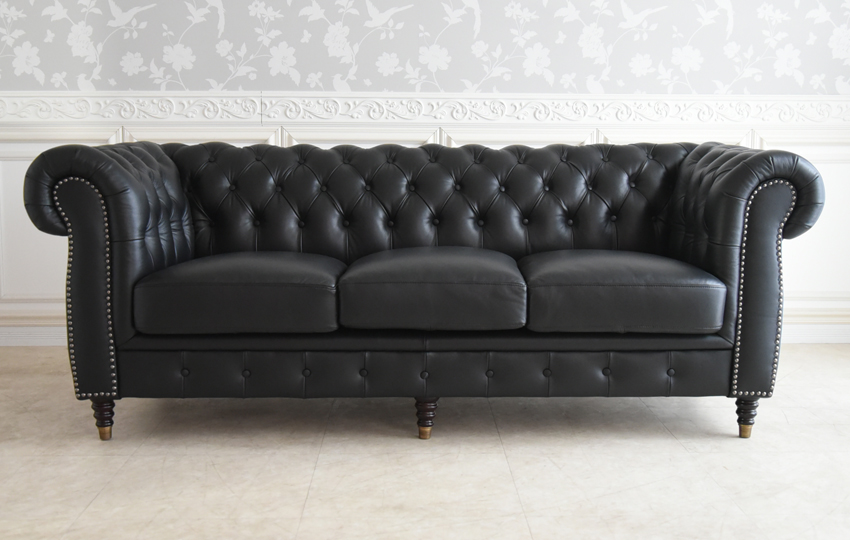 ドイツ製 本革使用 チェスターフィールドソファ 3P ブラック 幅200