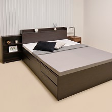 高品質でこだわりの収納 本棚付チェストベッド ダークブラウン
