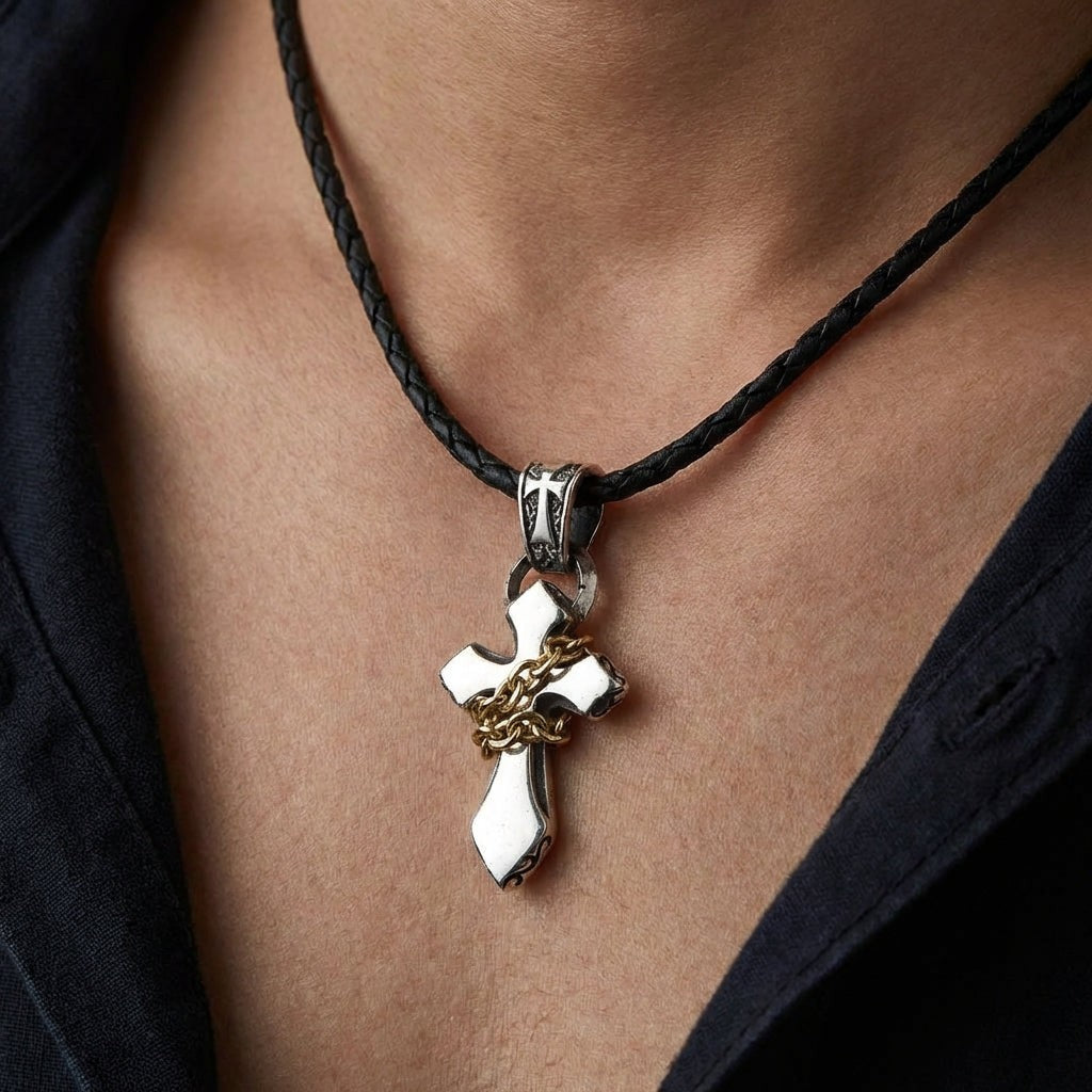 イエローゴールド 925シルバー クロスロッカーペンダント - Bikerringshop