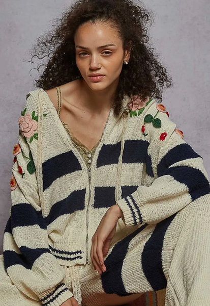 Striped Pattern 3D Embroidered Hoodie Zip-Up Knit Sweater by POL