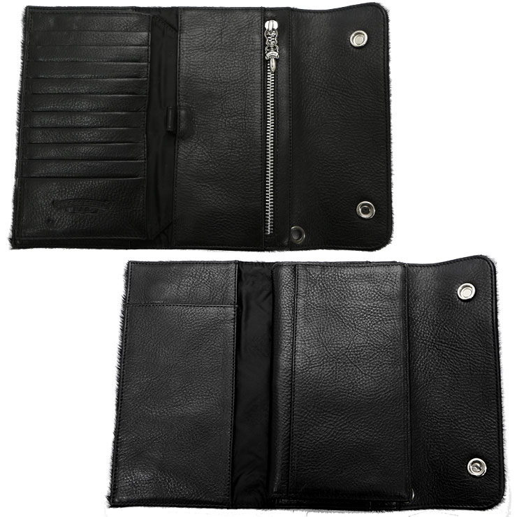 クロムハーツウェーブウォレットクロスボタンカウヘアブラックレザー