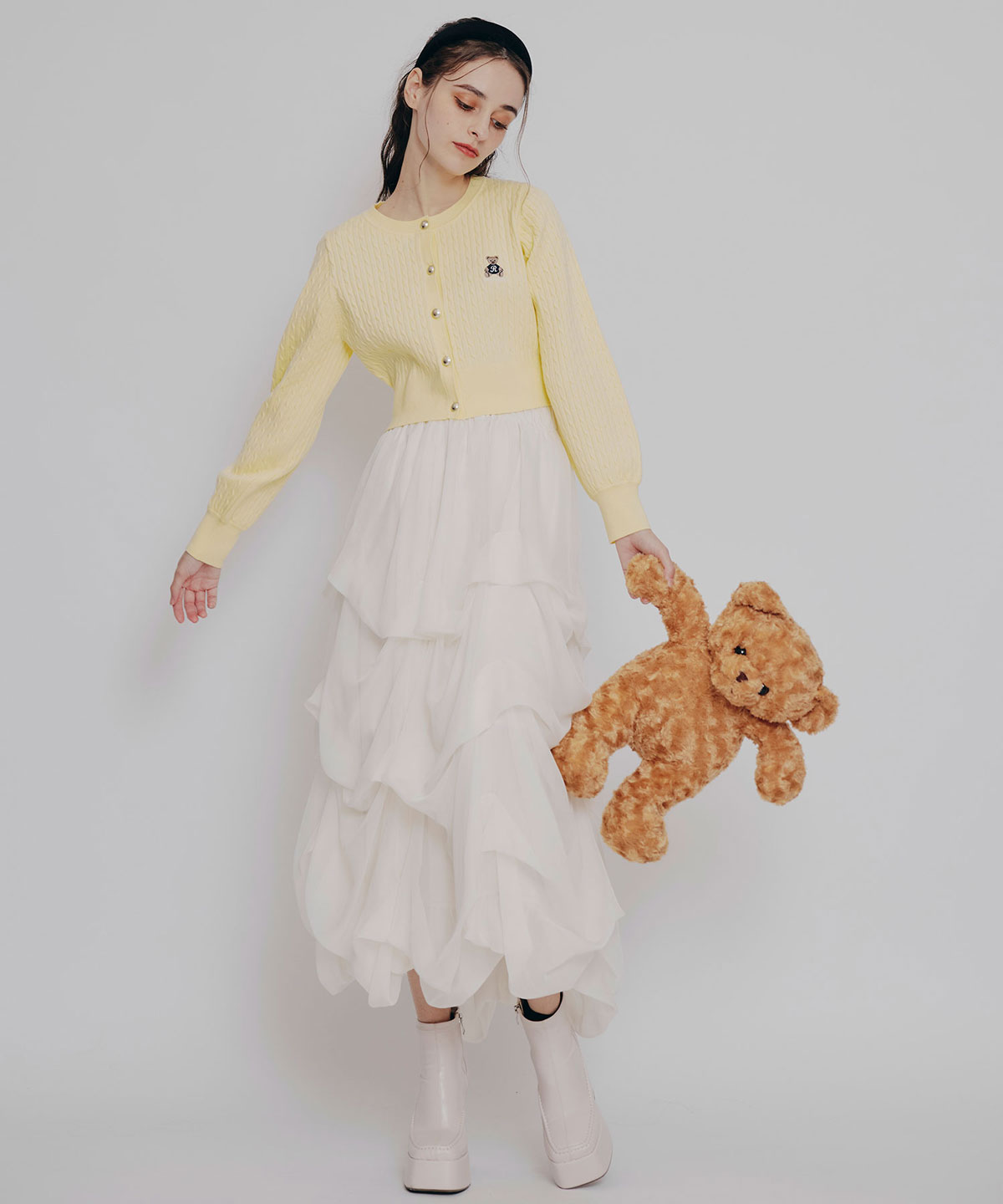 タックバルーンボリュームシフォンロングスカート(F オフホワイト