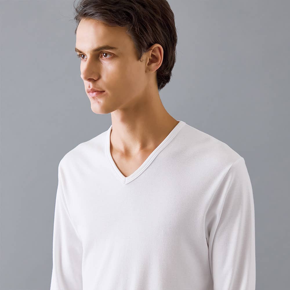 綿100%/発熱】Vネックセミロングスリーブシャツ（V首） EAC111