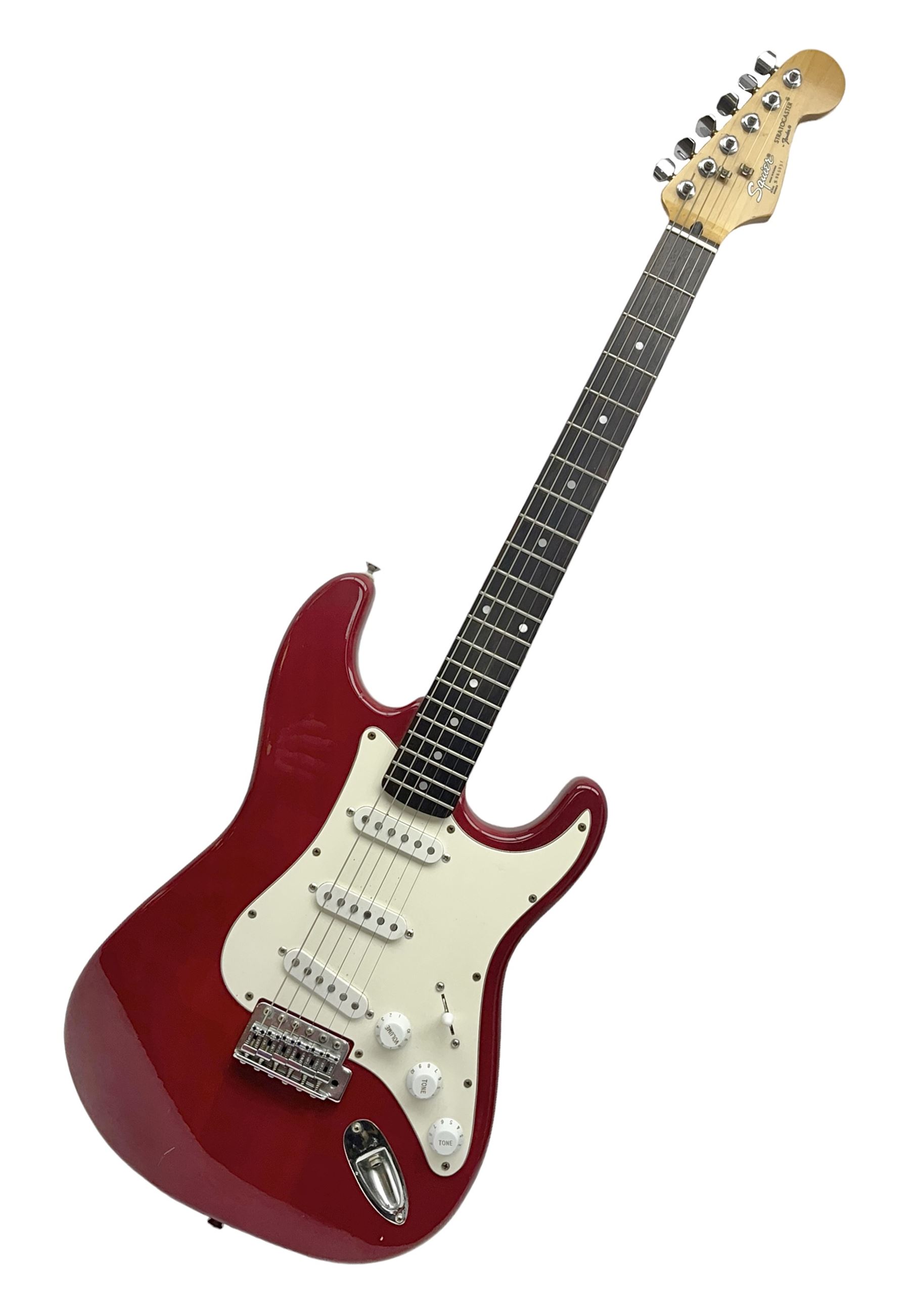 1990s Korean Squier Fender Stratocaster electric guitar in cherry