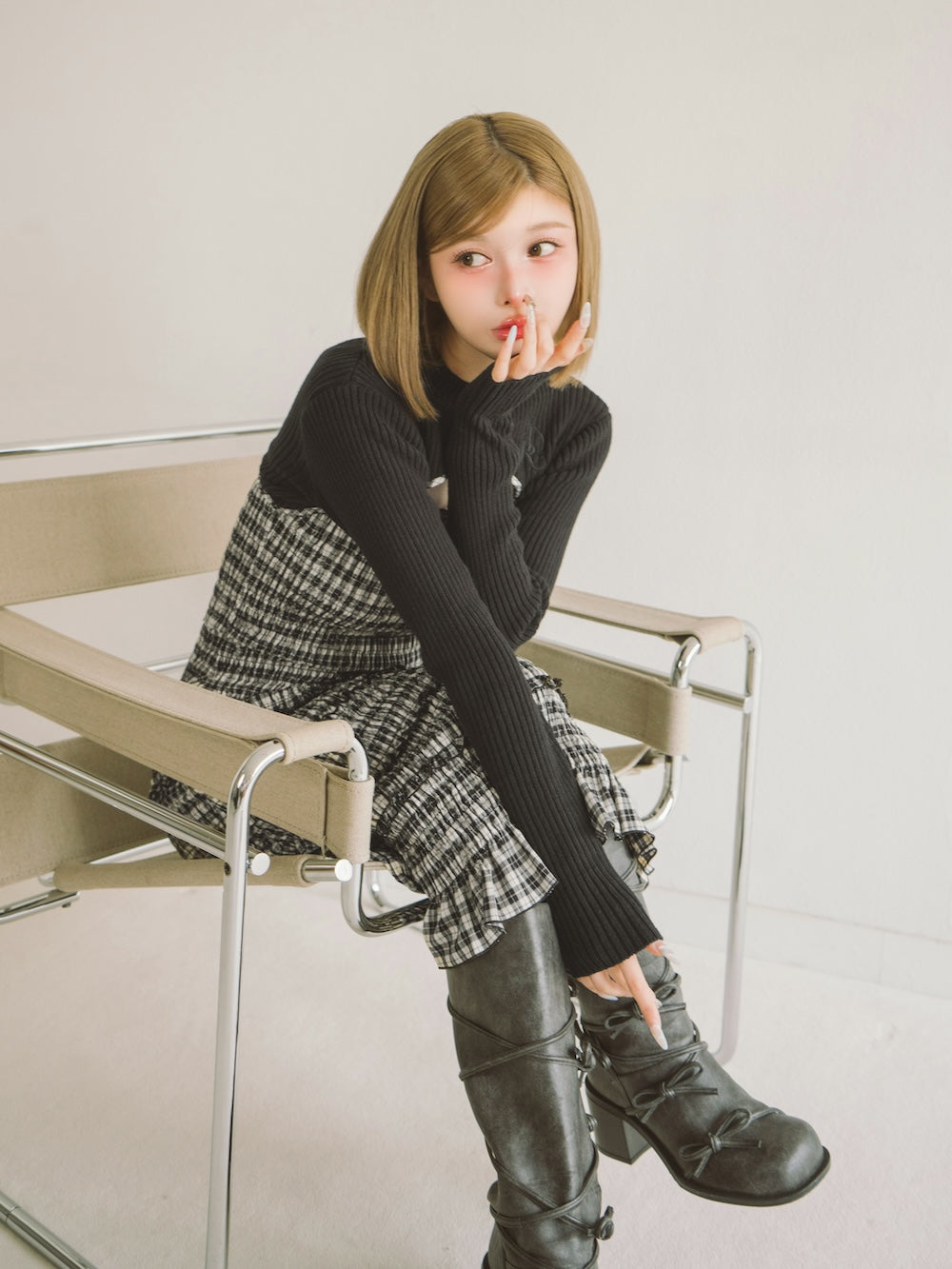 ニットレイヤードチェックミディワンピース – Darich (ダーリッチ)